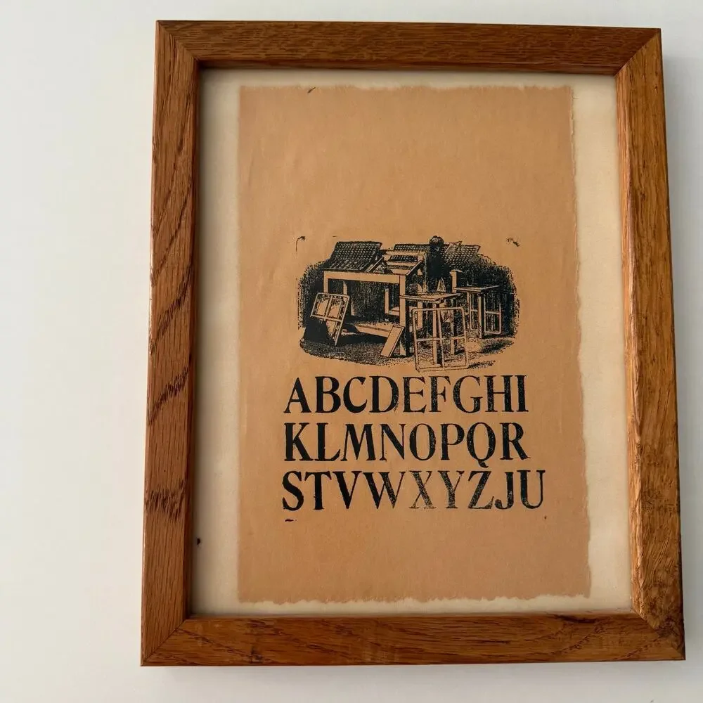 Vintage Framed Alphabet Print Primitive Folk Art Wood Frame